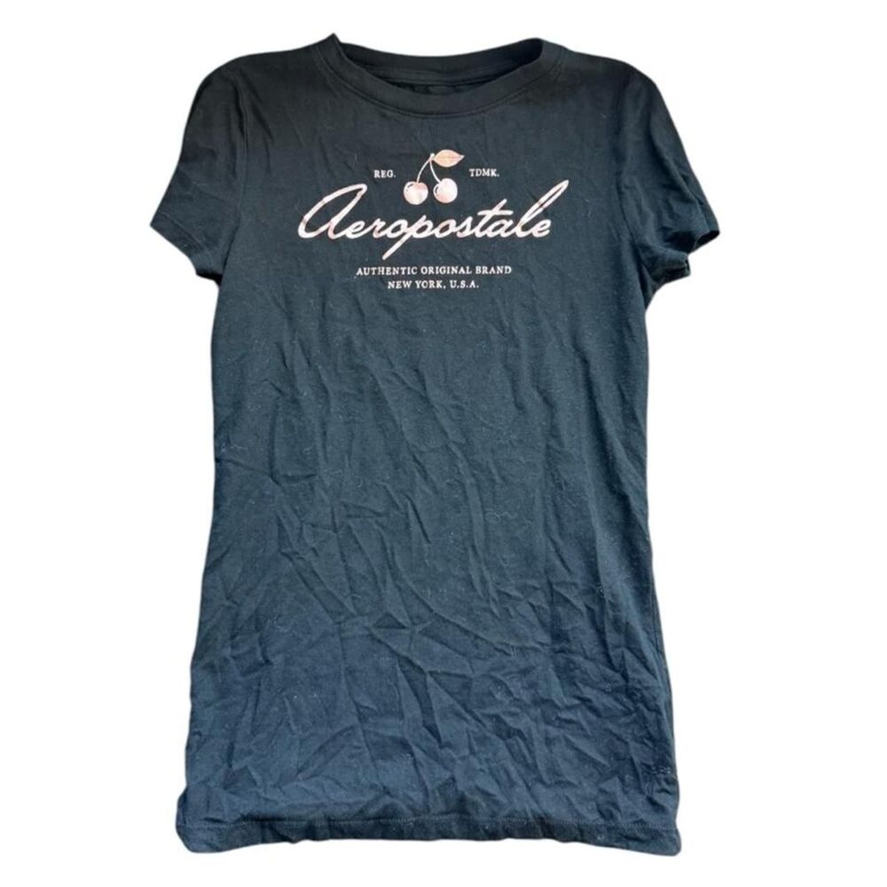 Vintage 2000s Aeropostale cherry script graphic tee in distressed washed black